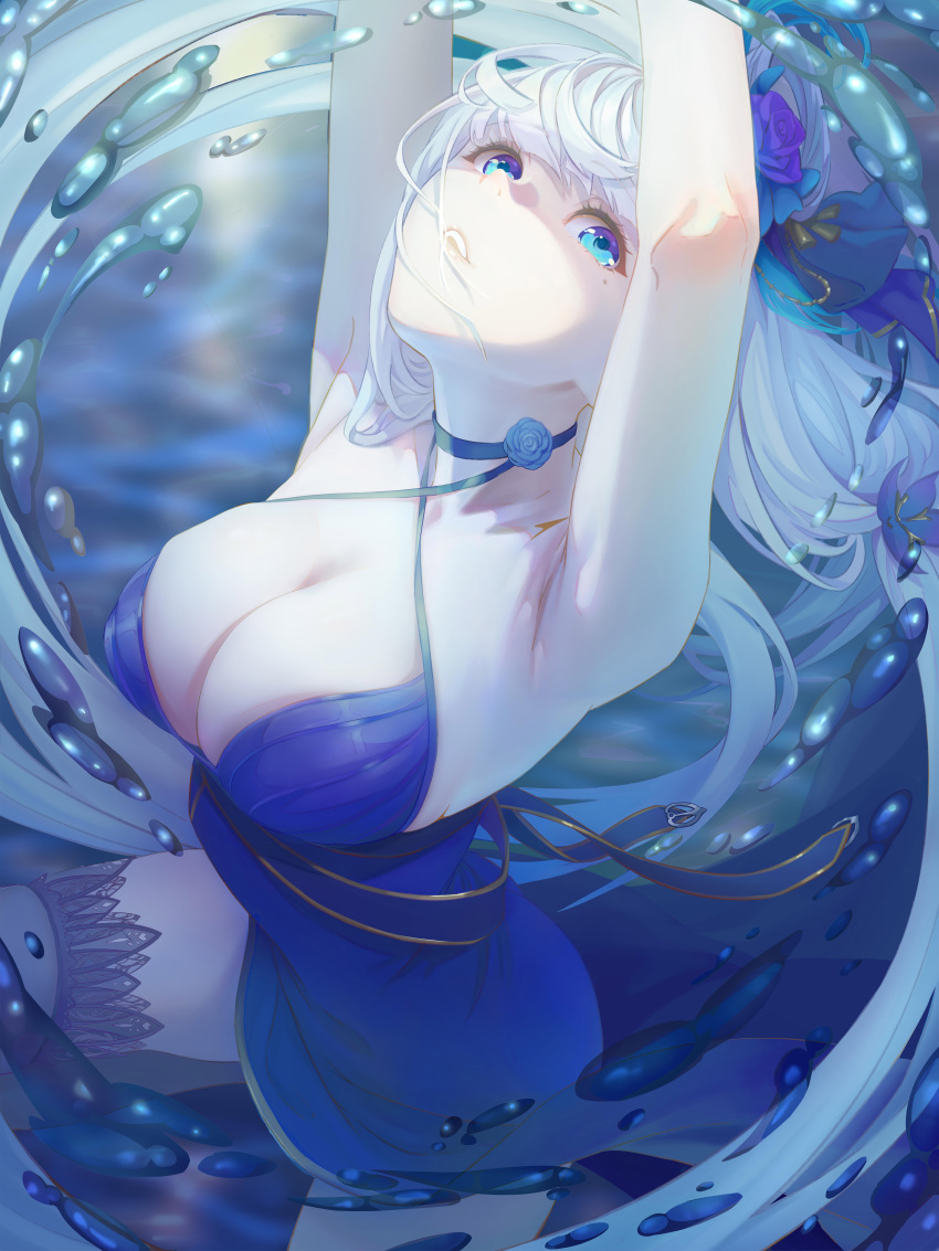 absurdres arms_up azur_lane blue_choker blue_dress blue_eyes breasts choker cleavage dress female flower hair_flower hair_ornament highres illustrious_(azur_lane) illustrious_(never-ending_tea_party)_(azur_lane) large_breasts official_alternate_costume solo theleopardcat water white_hair