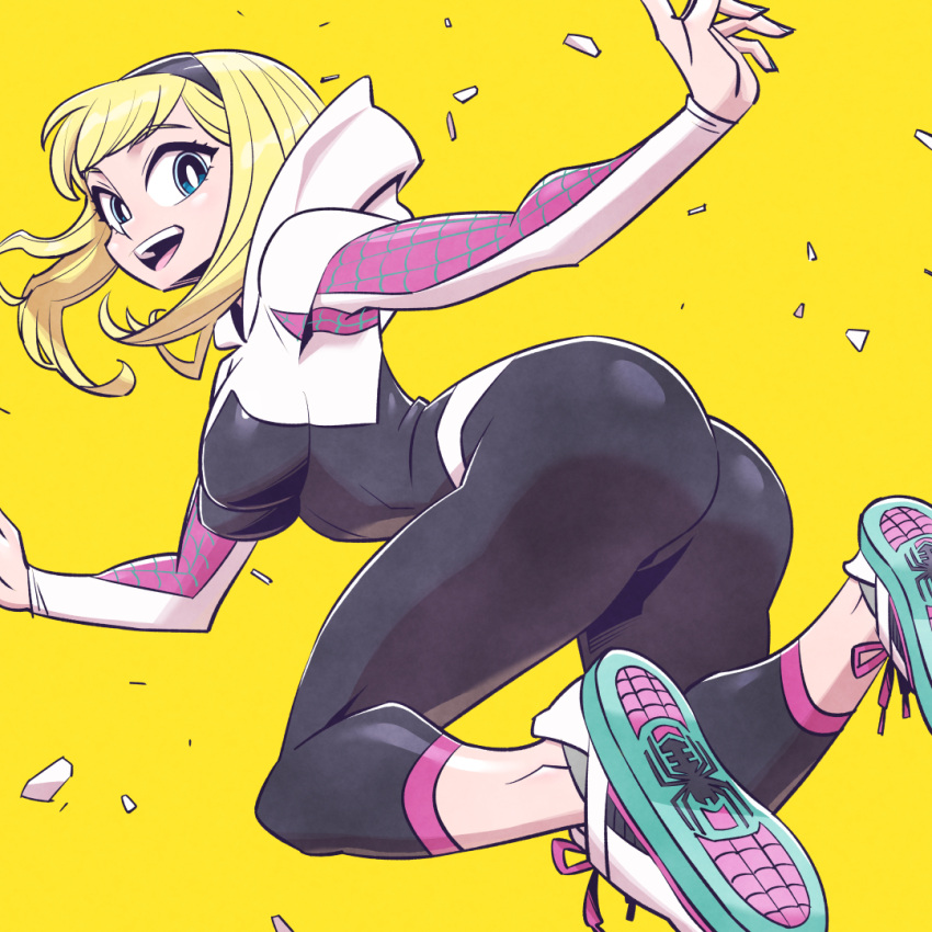 artist_request ass big_ass big_breasts big_butt blonde_hair breasts bubble_butt gwen_stacy hairband hoodie huge_ass large_ass large_breasts large_butt marvel marvel_comics shoes skin_tight spider-gwen spider-man:_into_the_spider-verse spider-man_(series) sunafuki superheroine thick_ass tight_clothes tight_clothing tights