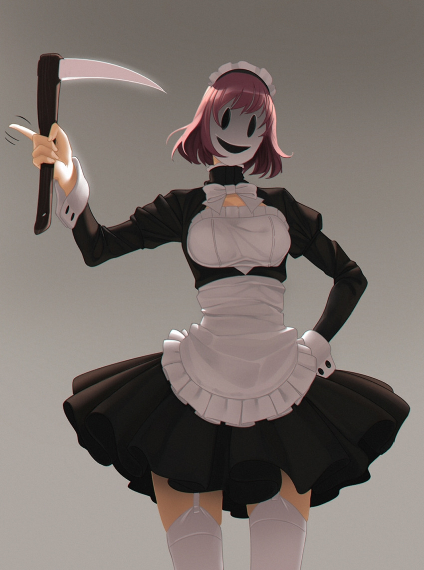 abbystea apron black_dress bow bowtie breasts commentary dress facing_viewer female frilled_apron frills garter_straps grey_background hand_on_own_hip highres holding holding_weapon long_sleeves maid_headdress maid_mask_(tenkuu_shinpan) mask medium_breasts photoshop_(medium) pleated_dress pointing purple_hair scythe short_hair simple_background solo standing tenkuu_shinpan thighhighs waist_apron weapon white_apron white_headdress white_thighhighs