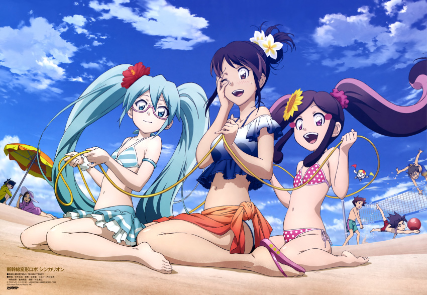 3boys 5girls :d ;d absurdres airborne animedia aqua_hair bare_legs bare_shoulders barefoot beach beach_umbrella beach_volleyball bikini bikini_skirt black_hair blue_bikini blue_eyes blue_hair blue_shirt blue_sky blush_stickers breasts brown_eyes brown_hair cloud cloudy_sky collarbone crop_top daimonyama_tsuranuki day flag flat_chest floating floral_print flower frilled_shirt frills from_below front-tie_bikini_top front-tie_top glasses gradient_shirt gradient_swimsuit green_shorts green_skirt grin hair_between_eyes hair_flower hair_ornament hair_scrunchie hand_on_own_face hat hatsune_miku_(shinkalion) hayasugi_haruka hayasugi_hayato hayasugi_sakura headphones helmet hibiscus highres holding holding_flag hood hooded_jacket hugging_own_legs jacket jumping laughing layered_skirt logo lolicon long_hair looking_at_viewer lying magazine_scan male_swimwear medium_breasts mihara_futaba multicolored_hair multicolored_umbrella multiple_boys multiple_girls nagasaku_tomokatsu navel official_art oga_akita on_stomach one_eye_closed open_mouth orange_sarong outdoors pink-framed_eyewear pink_bikini pink_footwear pink_hair pink_jacket pink_scrunchie pinky_out plumeria polka_dot polka_dot_bikini print_footwear purple_eyes purple_hair red_bikini red_flower robot sand sandals sarong scan scrunchie semi-rimless_eyewear shinkalion_(series) shinkansen_henkei_robo_shinkalion shirt short_hair short_ponytail shorts side-tie_bikini_bottom single_stripe single_vertical_stripe sitting skindentation skirt sky smile spiked_hair squatting streaked_hair striped_bikini striped_clothes striped_headwear sun_hat sunflower sunflower_hair_ornament sweat swim_trunks swimsuit toes tongue twintails ueda_azusa umbrella volleyball volleyball_net waving_arm white_bikini white_flower white_hat white_polka_dots white_scrunchie white_shirt white_skirt white_stripes wrist_scrunchie yellow_flower yellow_jacket yokozuwari