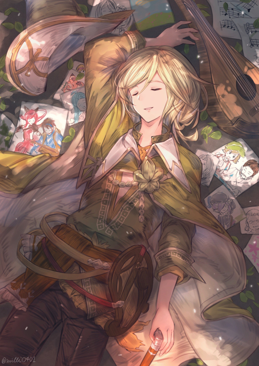 1boy absurdres blonde_hair braid caro_(granblue_fantasy) closed_eyes commentary_request djeeta_(granblue_fantasy) drawing elta_(granblue_fantasy) granblue_fantasy guitar hat highres instrument long_hair lying lyria_(granblue_fantasy) male_focus milli_little niyon_(granblue_fantasy) open_mouth paper selfira smile tree_shade vyrn_(granblue_fantasy)