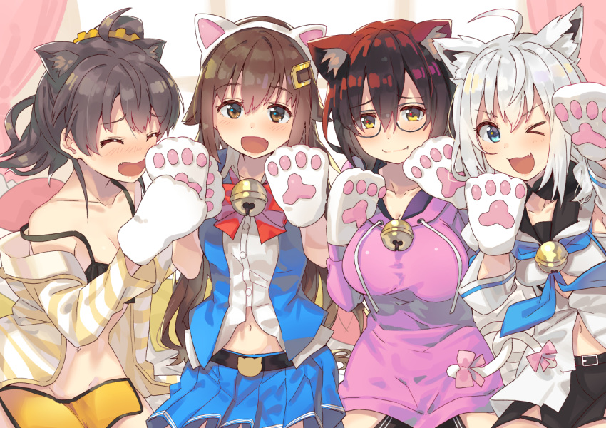 animal_ears aqua_eyes bell black_hair blush bow bra breasts brown_eyes brown_hair cat_smile catgirl cleavage dress glasses gloves gray_hair group hololive natsuiro_matsuri navel oerba_yun_fang open_shirt roboco-san roboco_ch. shirakami_fubuki short_hair tail tokino_sora tokino_sora_channel tonari_no_kai_keruberosu underwear wink yellow_eyes