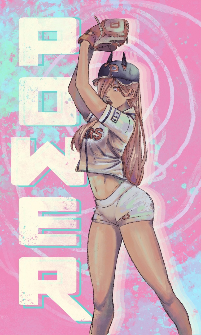 alien_(chainsawramen) baseball_cap baseball_jersey baseball_mitt baseball_uniform black_headwear chainsaw_man character_name choi_seol-hwa choi_seol-hwa_(cosplay) cosplay crop_top cropped_shirt female hair_behind_ear hair_over_one_eye hat highres horns jersey long_hair looking_at_viewer midriff navel one_eye_covered open_mouth photo-referenced pitching power_(chainsaw_man) protected_link real_life short_shorts shorts sportswear white_shorts