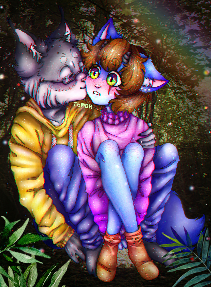 anthro biped blue_body blue_fur blush bottomwear brown_hair canid canine closed_eyes clothing colored digital_drawing_(artwork) digital_media_(artwork) domestic_cat duo ear_piercing eyebrows eyewear felid feline felis female fluffy_ears footwear fox freckles fur glasses green_eyes grey_body grey_fur hair hi_res hoodie horn iijackie3678ii inner_ear_fluff jackie_motidzuki kissing legwear looking_at_another lynx male mammal markings monotone_hair orange_clothing orange_hoodie orange_topwear pants piercing pink_clothing pink_hoodie pink_nose pink_sweater pink_topwear russian_text scar short_hair smile socks spots spotted_body spotted_fur surprise surprise_kiss sweater text topwear translated tuft yellow_clothing yellow_hoodie yellow_topwear