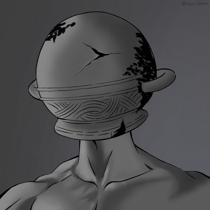 1boy close-up cozclever elden_ring gigachad_(meme) greyscale highres let_me_solo_her male_focus meme monochrome pectorals pot_on_head solo tarnished_(elden_ring) twitter_username upper_body