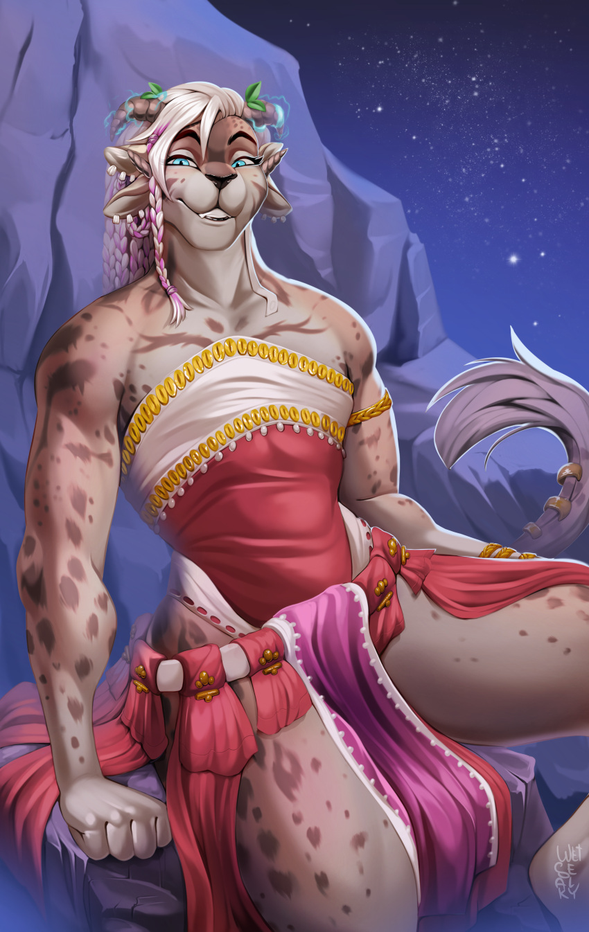 2022 4_ears 4_horns absurd_res accessory anthro arm_cuff blonde_hair boulder bracelet braided_hair charr charr_wiggle_tail clothed clothing costume detailed_background digital_media_(artwork) ear_piercing eyebrows eyelashes eyelashes_through_hair faded fading felid female fist fluffy fluffy_tail forearm_muscles front_view fur furgonomics glistening glistening_eyes glowing gold_(metal) gold_jewelry guild_wars hair hi_res horn horn_accessory jewelry looking_at_viewer mammal markings multi_ear multi_horn multicolored_hair night on_rock piercing portrait raised_tail rock sitting sitting_on_rock sky smile smirk snout solo space spots spotted_arms spotted_body spotted_fur spotted_legs spread_legs spreading star starry_sky tail tail_accessory tail_tuft teeth teeth_showing three-quarter_portrait translucent translucent_hair tuft wetsealky wrinkles_in_clothes