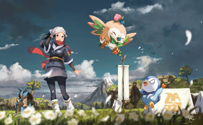 1boy akari_(pokemon) berry_(pokemon) black_hair black_pantyhose black_shirt blurry cloud commentary_request day female flower from_below grass grey_jacket grey_skirt hand_up head_scarf highres jacket laventon_(pokemon) logo long_hair loose_socks lucario maki_(maki_pei) outdoors pantyhose piplup pokemon pokemon_(creature) pokemon_legends:_arceus red_scarf rowlet scarf shirt sidelocks signature skirt sky smile socks standing tent tree white_flower white_headwear white_legwear