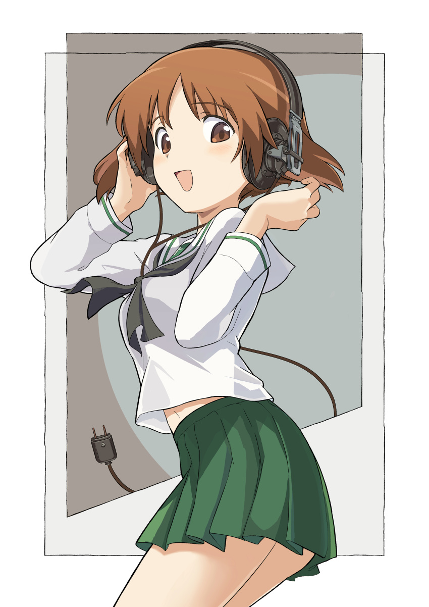 :d absurdres bad_id bad_pixiv_id black_neckerchief blouse brown_eyes brown_hair commentary cowboy_shot ennui_orz female from_side girls_und_panzer green_skirt hand_on_headphones headphones highres leaning_forward long_sleeves looking_at_viewer looking_back miniskirt neckerchief nishizumi_miho ooarai_school_uniform open_mouth outside_border pleated_skirt school_uniform serafuku shirt short_hair skirt smile solo standing white_shirt