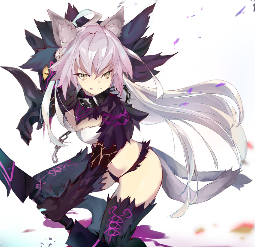 absurdres animal_ear_fluff animal_ears atalanta_(fate) atalanta_alter_(fate) black_panties black_thighhighs breasts cat_ears cat_tail commentary fate/grand_order fate_(series) female fur-trimmed_legwear fur_panties fur_trim green_eyes grey_hair highres long_hair md5_mismatch medium_breasts multicolored_hair multiple_tails panties pink_hair same_(sendai623) slit_pupils solo tail thighhighs two-tone_hair underwear very_long_hair