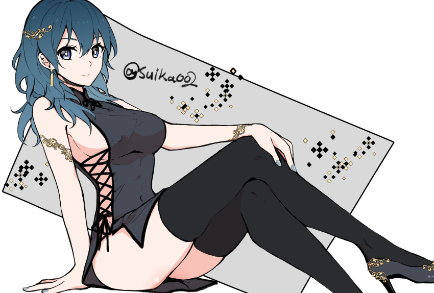 alternate_costume black_dress black_thighhighs blue_eyes blue_hair blue_nails breasts byleth_(female)_(fire_emblem) byleth_(fire_emblem) china_dress chinese_clothes closed_mouth commentary crossed_legs dress earrings female fire_emblem fire_emblem:_three_houses grey_background grey_footwear hair_between_eyes hair_ornament hand_on_own_knee high_heels highres ijiro_suika jewelry large_breasts long_hair looking_at_viewer nail_polish sideboob simple_background sitting sleeveless sleeveless_dress smile solo thighhighs thighs twitter_username white_background