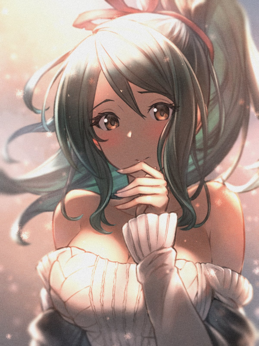 bare_shoulders blush breasts cleavage collarbone commentary female film_grain granblue_fantasy green_hair hand_up herja highres large_breasts long_sleeves looking_at_viewer off-shoulder_sweater off_shoulder sassakntm sidelocks solo sweater upper_body white_sweater yellow_eyes