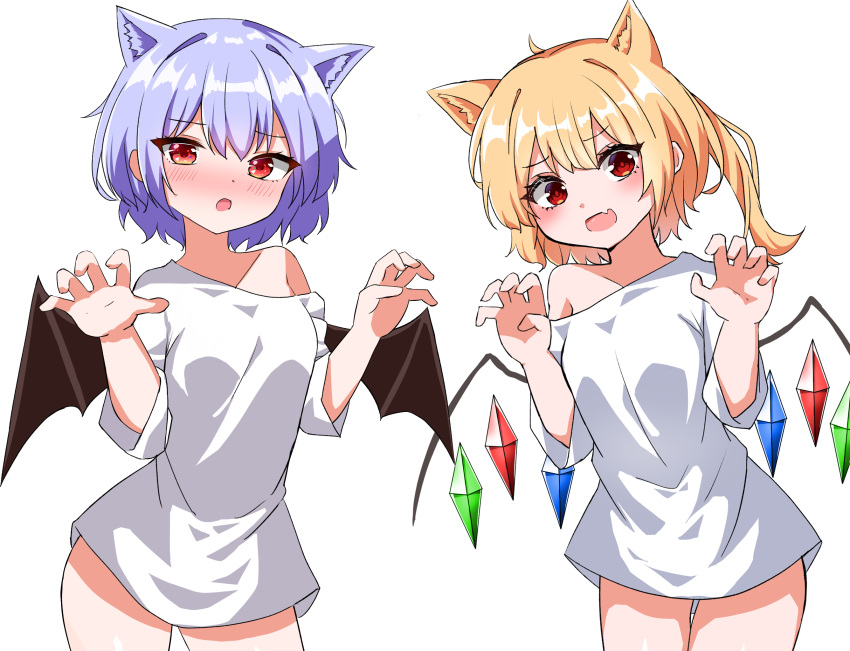 2girls :o alternate_costume animal_ears arms_up bat_wings blonde_hair blue_hair blush bottomless cat_ears cat_girl claw_pose commentary contrapposto cowboy_shot flandre_scarlet highres kemonomimi_mode kiui_(dagk8254) leaning_to_the_side multiple_girls oerba_yun_fang off-shoulder_shirt off_shoulder one_side_up open_mouth red_eyes remilia_scarlet shirt short_hair siblings simple_background sisters skin_fang standing touhou white_background white_shirt wings