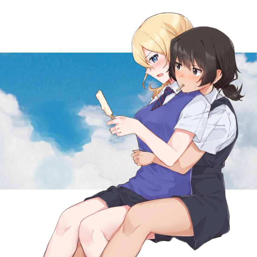 2girls adapted_uniform andou_(girls_und_panzer) bc_freedom_school_uniform black_dress black_hair blue_neckwear blue_sky blue_sweater blush brown_eyes closed_mouth cloud cloudy_sky commentary dark-skinned_female dark_skin diagonal-striped_clothes diagonal-striped_necktie dress dress_shirt food food_in_mouth frown girls_und_panzer highres holding hug hug_from_behind invisible_chair letterboxed looking_at_another medium_hair messy_hair mouth_hold multiple_girls necktie open_mouth oshida_(girls_und_panzer) pinafore_dress pleated_dress popsicle popsicle_stick school_uniform sesame_(sesame_mas) shirt short_dress short_ponytail sitting sky sleeveless sleeveless_dress striped_clothes striped_necktie summer_uniform sweat sweater sweater_vest v-neck white_shirt wing_collar