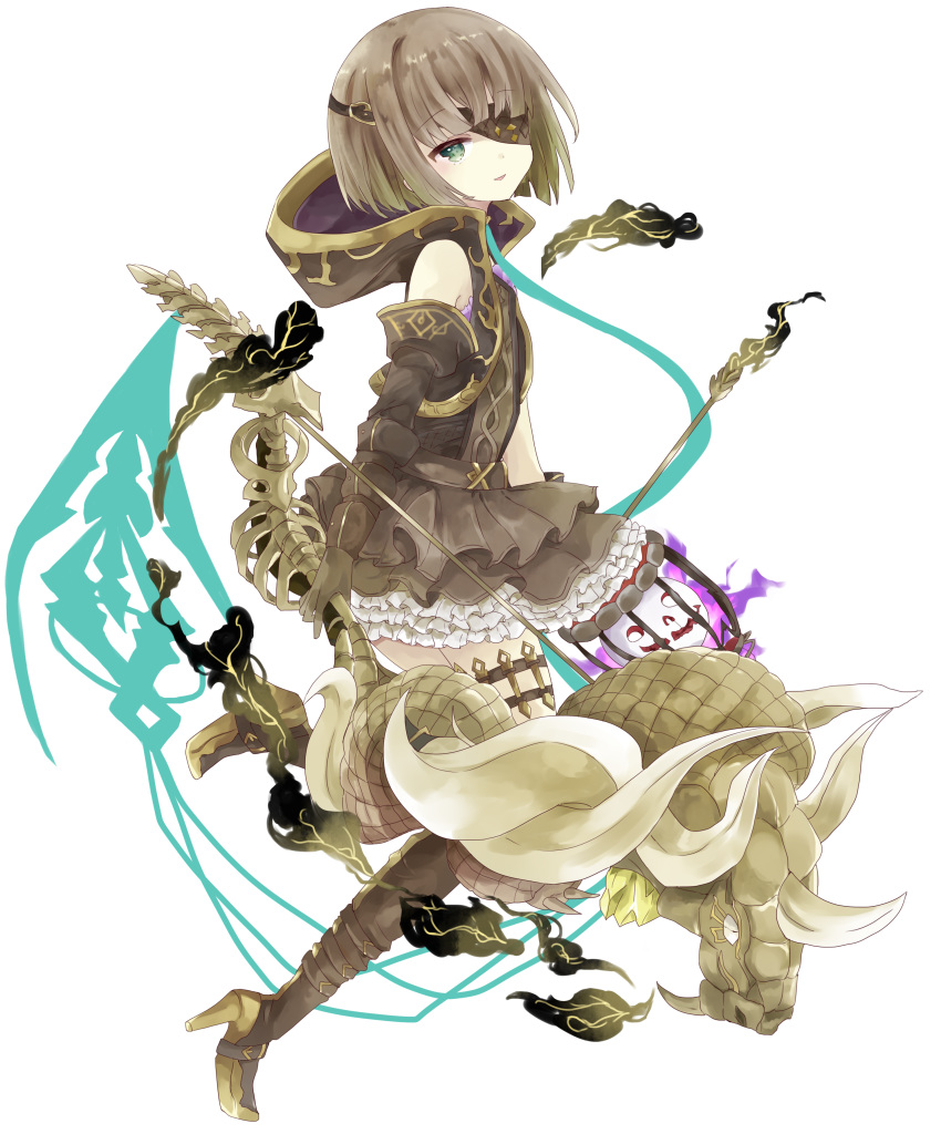 1boy absurdres bad_id bad_pixiv_id bare_shoulders boots bow_(weapon) brown_dress brown_footwear brown_gloves brown_hair brown_thighhighs commentary_request dress elbow_gloves eyepatch gloves green_eyes gretel_(sinoalice) high_heel_boots high_heels highres holding holding_bow_(weapon) holding_weapon hood hood_down looking_at_viewer looking_to_the_side male_focus otoko_no_ko parted_lips short_hair simple_background sinoalice sleeveless sleeveless_dress smile solo spine thigh_boots thighhighs tsukiyo_(skymint) weapon white_background