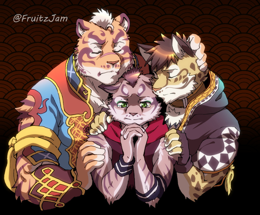 3boys animal_ears animal_print bara boy_sandwich brown_hair cat_nose chest_tuft closed_eyes crying english_commentary fingerless_gloves fluffy fruitz_(fruitzjam) furry furry_male gloves green_eyes hand_on_another's_head hand_on_another's_shoulder highres leopard_boy leopard_ears leopard_print likulau_(nekojishi) lin_hu_(nekojishi) male_focus multiple_boys muscular muscular_male nekojishi own_hands_clasped own_hands_together sad sandwiched shu_chi_(nekojishi) tassel tearing_up tears tiger_boy tiger_ears white_hair wristband