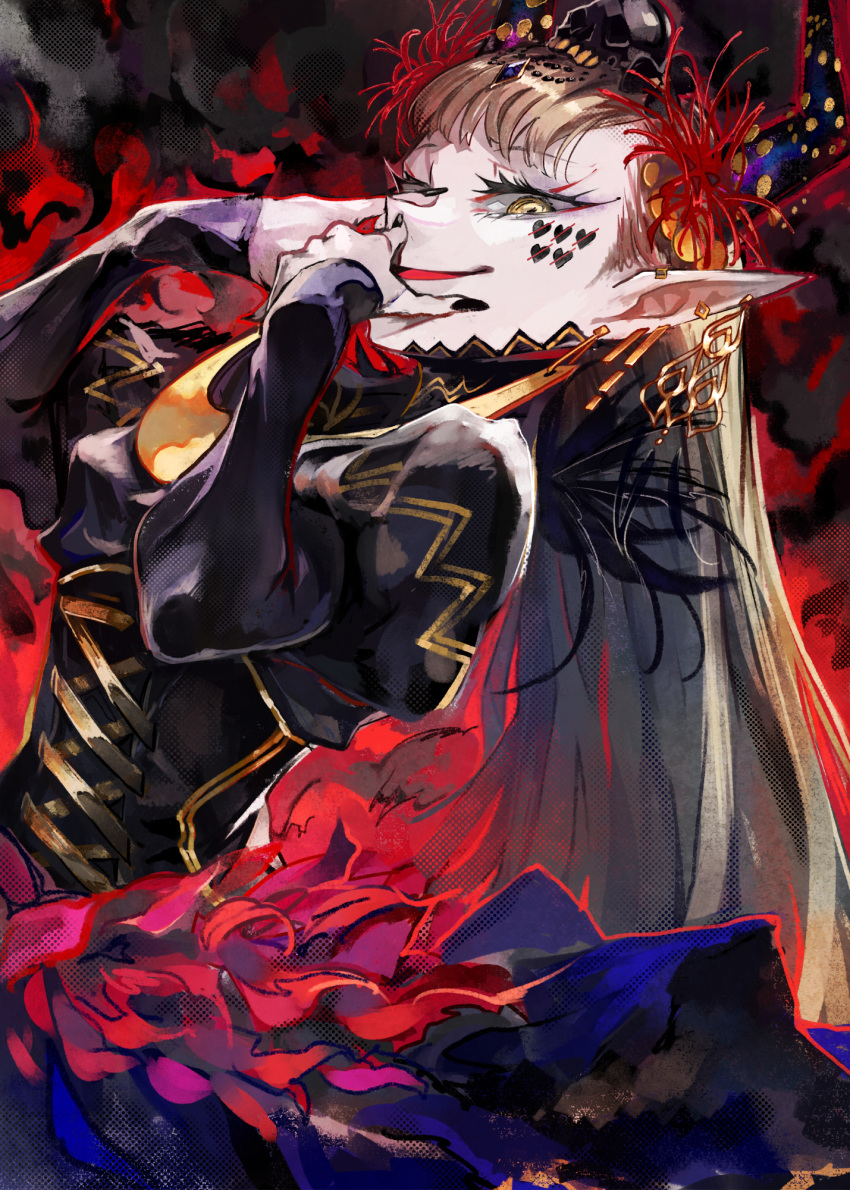 arcaea black_nails blonde_hair dress earrings facial_mark female hair_ornament highres horns jewelry looking_at_viewer open_mouth pale_skin pointy_ears puffy_sleeves sia_(arcaea) smile solo toro3 yellow_eyes