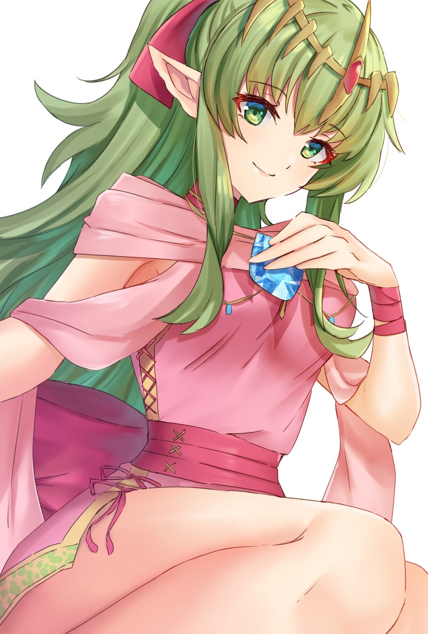 closed_mouth commentary dragonstone dress edamameoka female fire_emblem fire_emblem:_mystery_of_the_emblem fire_emblem_awakening fire_emblem_heroes gem green_eyes green_hair hair_between_eyes hair_ribbon highres long_hair looking_at_viewer official_alternate_costume pink_dress pink_ribbon pointy_ears ponytail ribbon sash simple_background sitting sleeveless sleeveless_dress smile solo thighs tiara tiki_(adult)_(fated_divinity)_(fire_emblem) tiki_(adult)_(fire_emblem) tiki_(fire_emblem) very_long_hair white_background