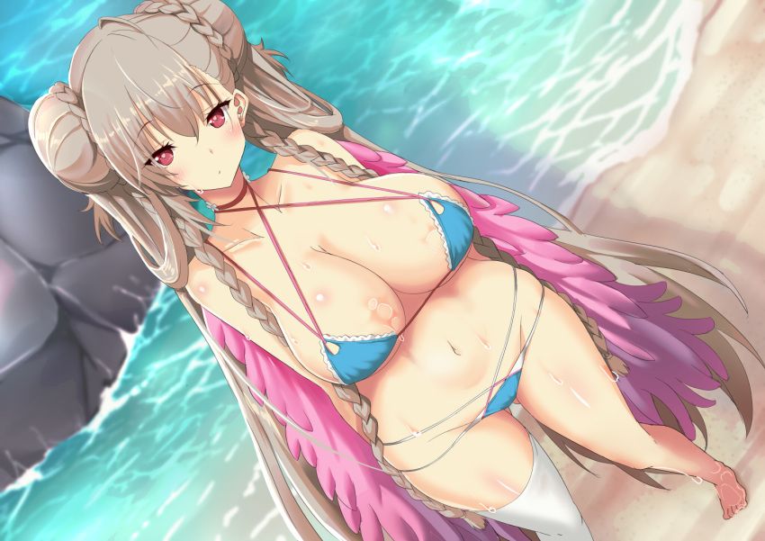 ahoge arms_behind_back ass_visible_through_thighs azur_lane bare_shoulders barefoot beach bikini blue_bikini blurry blurry_background blush braid braided_bun breasts choker cleavage closed_mouth collarbone commentary_request criss-cross_halter double_bun dutch_angle feather_boa female formidable_(azur_lane) formidable_(the_lady_of_the_beach)_(azur_lane) grey_hair groin hair_between_eyes hair_bun halterneck large_breasts long_hair looking_at_viewer midriff minato_yoshihiro multi-strapped_bikini_bottom multi-strapped_bikini_top navel ocean official_alternate_costume outdoors pink_choker red_eyes rock shadow sidelocks single_thighhigh skindentation solo standing swimsuit thighhighs very_long_hair water wet