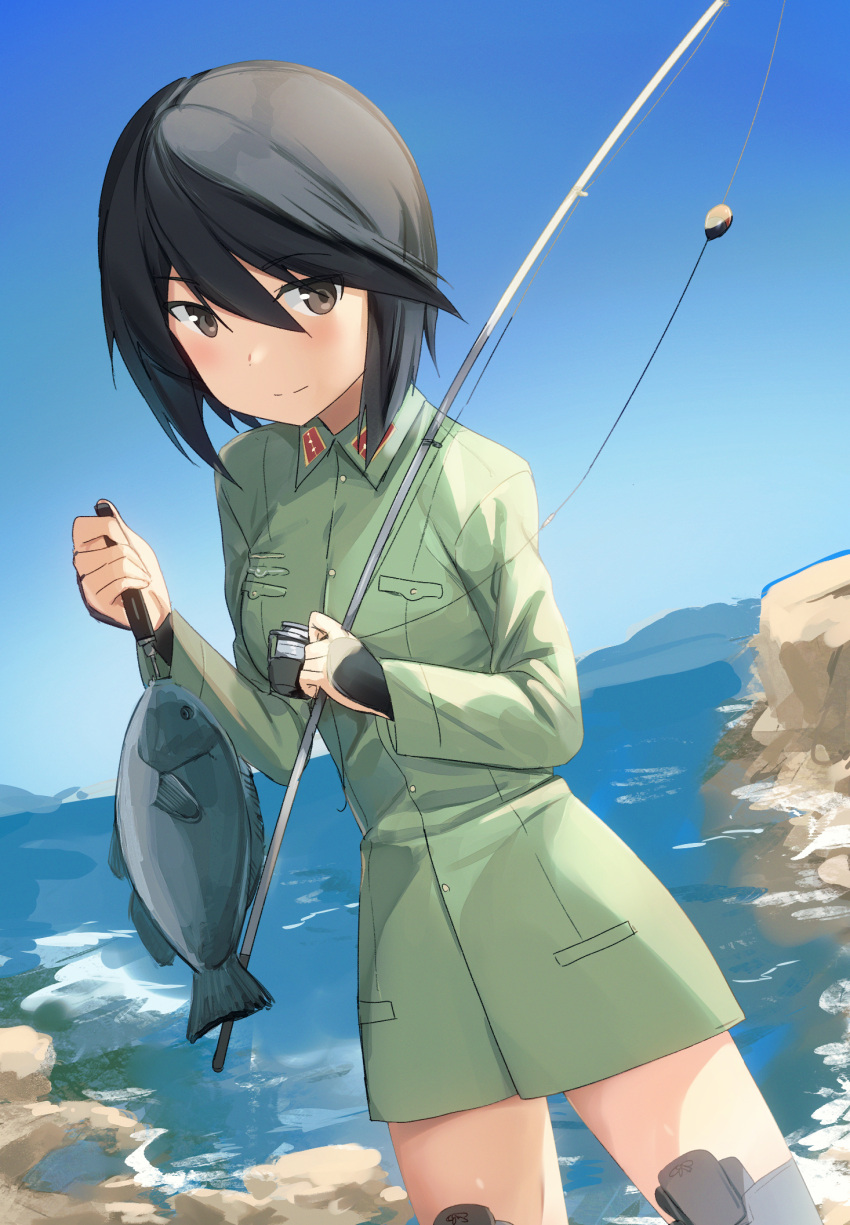 arm_guards bad_id bad_pixiv_id black_hair blue_sky blush brown_eyes commentary dutch_angle female fish fishing_rod hair_between_eyes highres kuroe_ayaka mejina rock sky smile solo strike_witches_zero uniform water world_witches_series