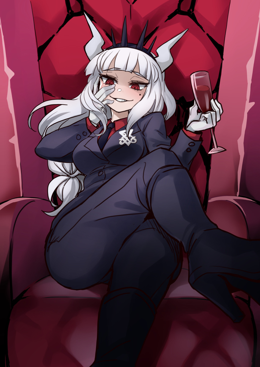 absurdres alcohol blunt_bangs boots breasts commentary crossed_legs crown cup drinking_glass female formal gloves grin helltaker high_heels highres horns kaorihero long_hair looking_at_viewer lucifer_(helltaker) mole mole_under_eye necktie red_eyes sitting smile solo suit white_gloves white_hair wine wine_glass