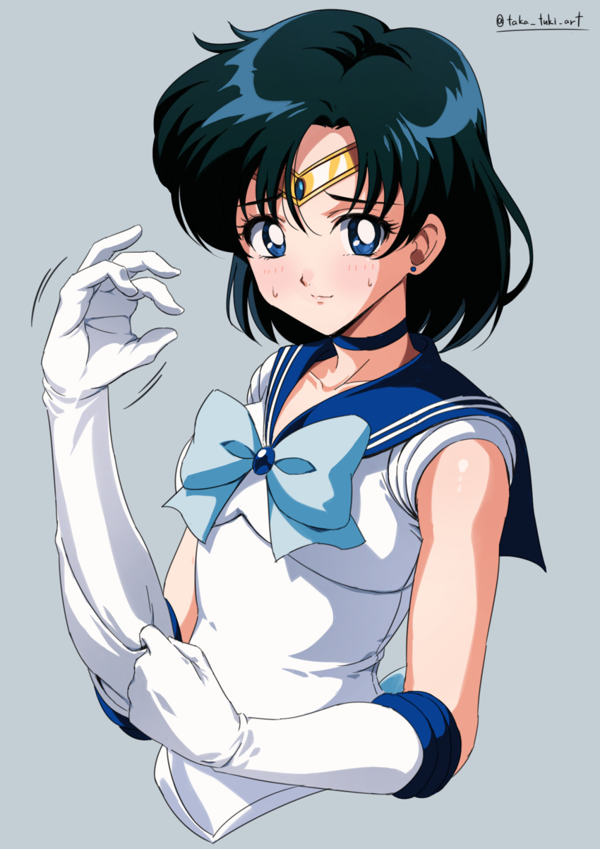 absurdres bishoujo_senshi_sailor_moon blue_bow blue_bowtie blue_choker blue_eyes blue_sailor_collar blush bow bowtie choker circlet closed_mouth commentary_request cropped_torso earrings elbow_gloves female gloves green_hair grey_background hand_up highres jewelry looking_at_viewer magical_girl medium_hair mizuno_ami motion_lines parted_bangs putting_on_gloves sailor_collar sailor_mercury sailor_senshi_uniform shirt short_sleeves simple_background solo stud_earrings sweatdrop takatsuki_p upper_body white_gloves white_shirt