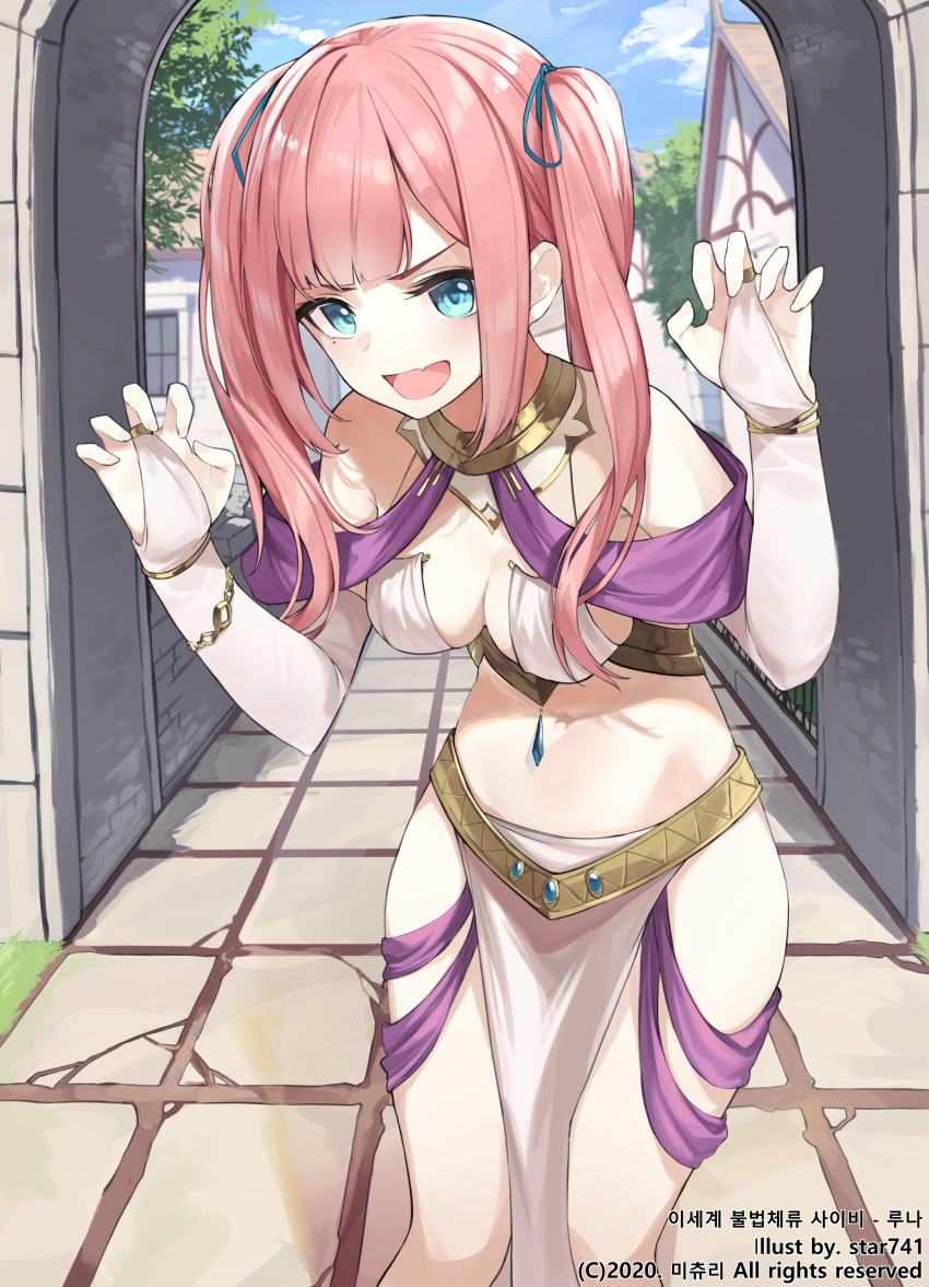 :d absurdres arch bare_shoulders blue_eyes breasts claw_pose cleavage day female hair_ribbon hands_up highres jewelry long_hair looking_at_viewer medium_breasts midriff mole mole_under_eye oerba_yun_fang official_art open_mouth outdoors pelvic_curtain pink_hair revealing_clothes ribbon smile solo standing star741 stomach thighs twintails v-shaped_eyebrows