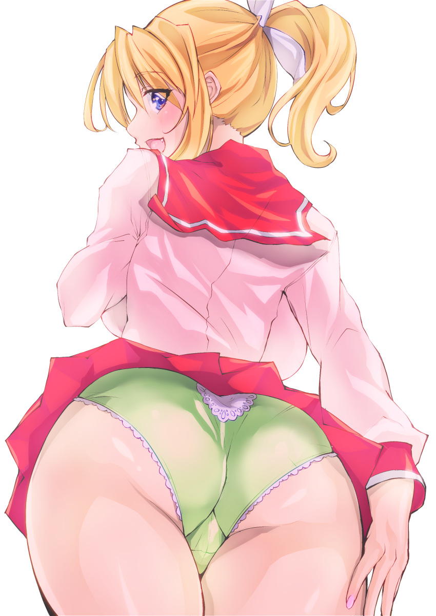 absurdres ass backboob blonde_hair breasts clothes_lift commentary cowboy_shot female frilled_skirt frills green_panties hair_ornament highres huge_breasts looking_at_viewer looking_back miyauchi_lemmy nail_polish oerba_yun_fang open_mouth panties pink_nails pointy_nose ponytail purple_eyes red_skirt school_uniform simple_background skirt skirt_lift solo thighs to_heart to_heart_(series) underwear white_background wochi