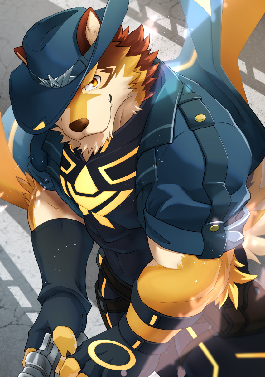 abs absurd_res anthro barrel_(live_a_hero) bodysuit canid canine canis clothing countershading fingerless_gloves gloves gun handwear hi_res kouga0225 lifewonders live_a_hero male mammal muscular muscular_anthro pecs ranged_weapon skinsuit solo spandex superhero tight_clothing weapon wolf