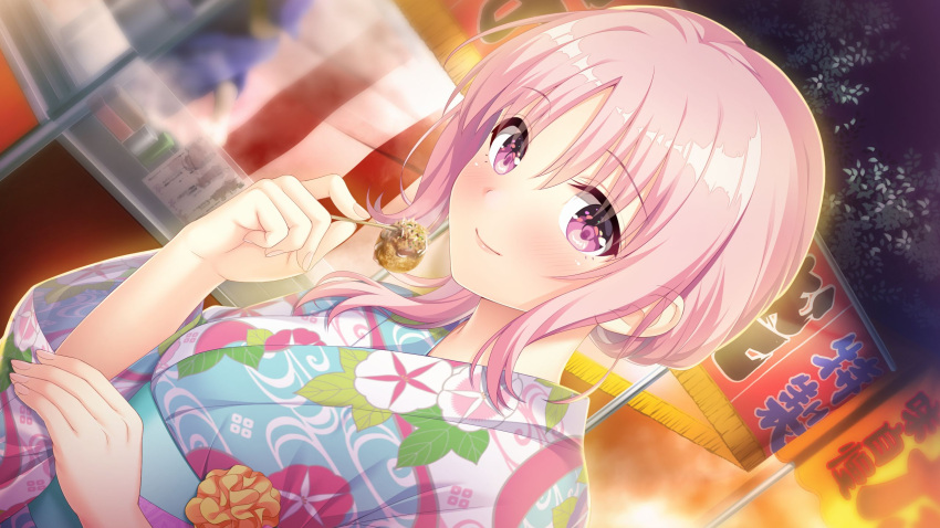 blush closed_mouth courreges_ace dutch_angle female food game_cg hair_between_eyes hajilove_-making_lovers- highres holding holding_food japanese_clothes kimono medium_hair pink_hair red_eyes smile solo sonoike_sakurako tanabe upper_body