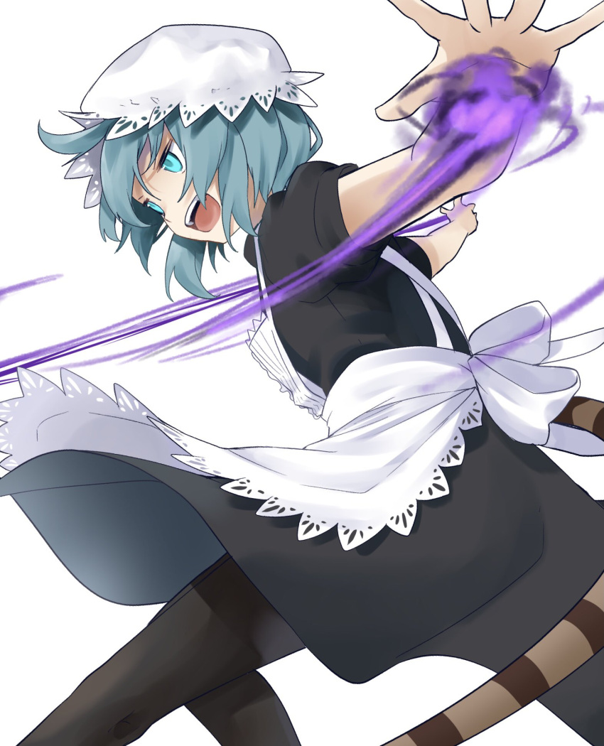 action alternate_costume apron back_bow black_dress black_pantyhose blue_eyes blue_hair blush bow commentary_request dress enmaided female frilled_apron frills highres isobee kemono_friends kemono_friends_3 long_dress magic maid maid_headdress official_alternate_costume open_mouth pantyhose puffy_short_sleeves puffy_sleeves short_hair short_sleeves snake_print snake_tail solo tail tsuchinoko_(kemono_friends) white_apron white_bow white_headwear