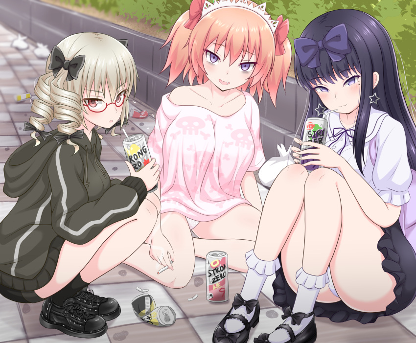 3girls :3 alcohol alternate_costume bags_under_eyes black_bow black_footwear black_hair black_hoodie black_shorts black_skirt blonde_hair blush bow breasts bush can chicken_tatsumaki_curry cigarette closed_mouth commentary_request cookie_(touhou) crushed_can drill_hair drinking_straw earrings footwear_bow frilled_sleeves frilled_socks frills full_body glasses hair_between_eyes hairbow headdress highres holding holding_can holding_cigarette hood hood_down hoodie jewelry large_breasts long_hair long_sleeves looking_at_viewer luna_child mary_janes medium_hair mole mole_under_eye multiple_girls neck_ribbon no_pants oerba_yun_fang off_shoulder on_ground open_mouth orange_hair panties pantyshot pink_shirt purple_bow purple_eyes purple_ribbon quad_drills red-framed_eyewear red_eyes ribbon riran_youkyu shiriri_saikyo shirt shoes shorts shunga_youkyu sitting skirt skull_print smile smoking sneakers socks squatting star_(symbol) star_earrings star_sapphire strong_zero sunny_milk touhou two_side_up underwear white_panties white_shirt