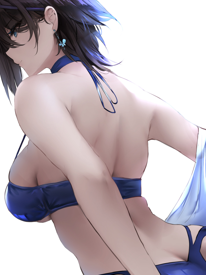 ark_royal_(azur_lane) ark_royal_(coast_watcher)_(azur_lane) azur_lane bare_arms bare_shoulders bikini blue_bikini blue_eyes blue_hair breasts closed_mouth commentary earrings english_commentary female from_behind highres jewelry large_breasts liaowen medium_hair official_alternate_costume simple_background smile solo swimsuit white_background