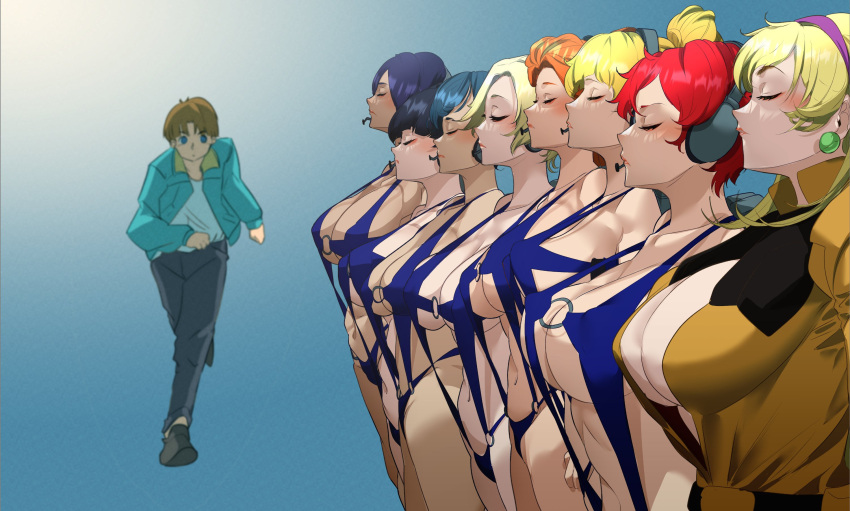 1boy 6+girls black_footwear black_pants blonde_hair blue_eyes blue_hair blue_jacket blue_slingshot_swimsuit blush breasts brown_hair closed_eyes commentary_request commission company_connection creator_connection dark-skinned_female dark_skin gundam headset highres jacket katejina_loos king_gainer_over! long_hair multiple_girls navel neneka_nibrou normal_suit o-ring orange_hair overman_king_gainer pants parody pilot_suit purple_hair red_hair sakusakusakurai science_fiction shirt short_hair skeb_commission slingshot_swimsuit sunrise_(company) swimsuit tomino_yoshiyuki uso_ewin victory_gundam white_shirt