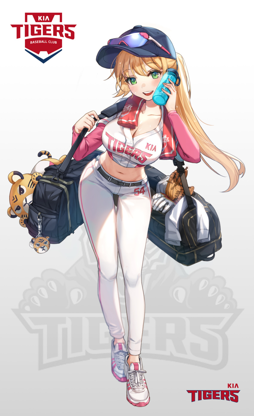 :d absurdres bag baseball_cap baseball_mitt belt black_hat blonde_hair blush bottle bottle_to_cheek breasts character_request cleavage clothes_writing crop_top duffel_bag eyewear_on_headwear female gradient_background green_eyes grey_background hat highres holding holding_bottle kbo_league kia_tigers large_breasts leaning_forward long_hair long_sleeves midriff open_mouth pants photoshop_(medium) piyo_(pixiv_2308057) ponytail shoes smile sneakers solo stuffed_animal stuffed_tiger stuffed_toy teeth thigh_gap towel towel_around_neck upper_teeth_only white_footwear white_pants