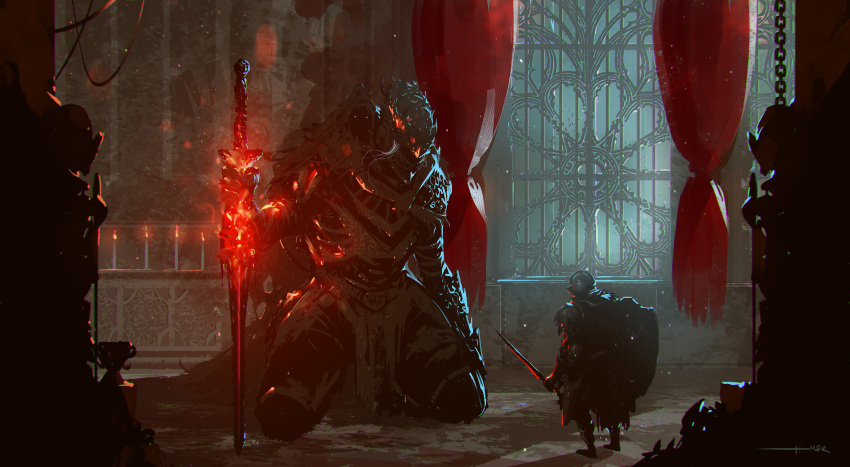 1other 2boys absurdres ambiguous_gender ashen_one_(dark_souls_3) commentary curtains dark_souls_(series) dark_souls_iii english_commentary flaming_sword flaming_weapon glowing glowing_eyes height_difference helm helmet highres holding holding_shield holding_sword holding_weapon hood hood_up indoors kalmahul kneeling knight lorian_(elder_prince) lothric_(younger_prince) male_focus multiple_boys robe shield shiny sword torn_clothes weapon