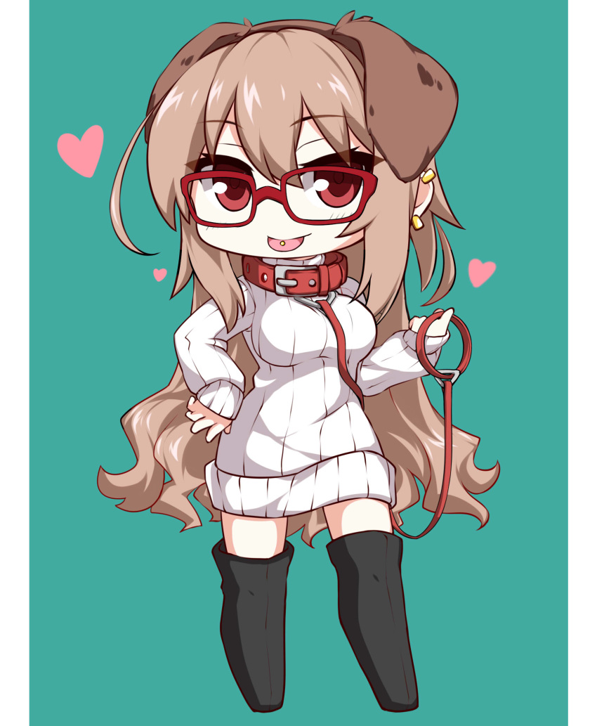 animal_ears boots brown_hair chibi collar dog_ears ear_piercing earrings female glasses heart highres jewelry leash lindoh_flores long_hair looking_at_viewer open_mouth original piercing pillarboxed red-eyes_macadamiachoco red-framed_eyewear red_eyes ribbed_sweater smile solo standing sweater thigh_boots thighhighs tongue_piercing turtleneck turtleneck_sweater