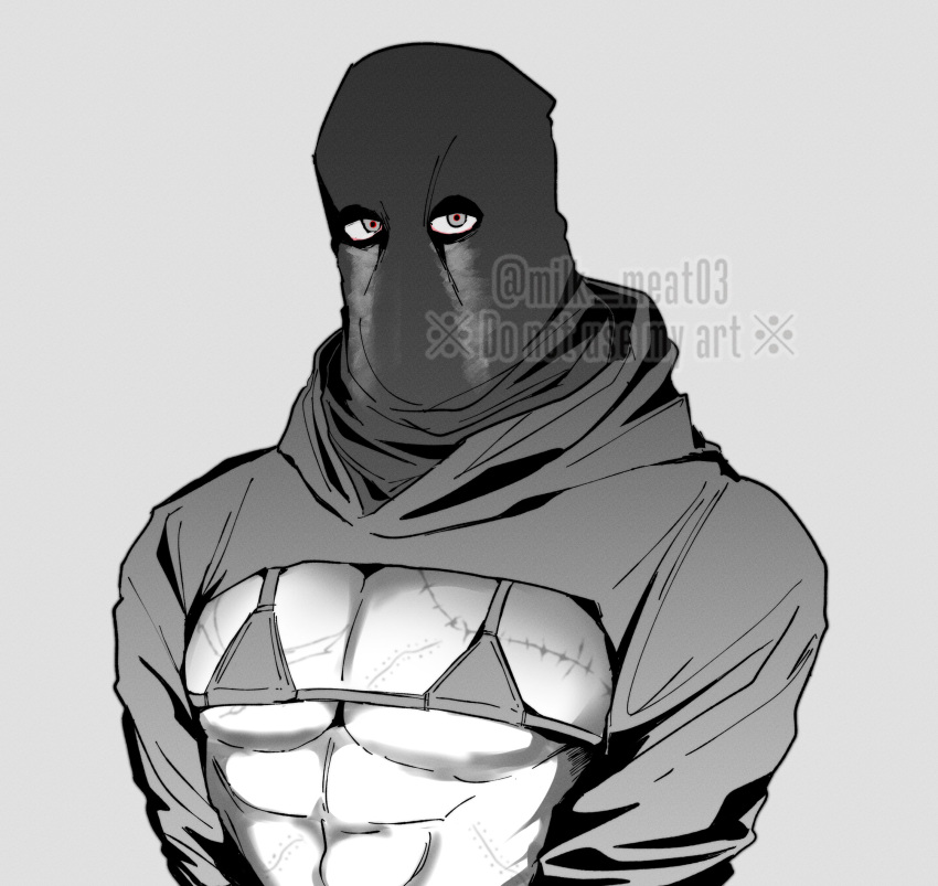 1boy abs absurdres artist_name bikini call_of_duty call_of_duty:_modern_warfare_2 covered_face crop_top cropped_hoodie film_grain grey_background grey_eyes greyscale highres hood hood_down hoodie konig_(call_of_duty) korean_commentary long_sleeves looking_at_viewer male_focus micro_bikini milk_meat03 monochrome muscular muscular_male pectorals scar scar_on_chest scar_on_stomach shrug_(clothing) simple_background solo spot_color swimsuit twitter_username upper_body watermark