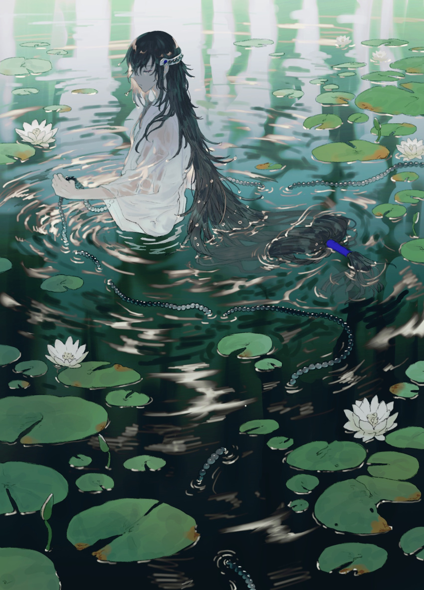 1boy bad_id bad_pixiv_id beads black_hair closed_eyes day flower hair_ornament hair_tubes highres holding japanese_clothes juzumaru_tsunetsugu kaimen_mo kimono leaf lily_pad long_hair low-tied_long_hair male_focus nature outstretched_hand partially_submerged pond prayer_beads ripples solo touken_ranbu very_long_hair water wet wet_clothes white_flower white_kimono