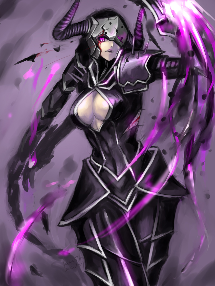 alternate_costume alternate_hair_color armor bad_id bad_pixiv_id blood breasts broken_armor cleavage cleavage_cutout clothing_cutout commentary darkflame_shyvana fangs faulds female full_armor helmet highres horns kumiko_shiba large_breasts league_of_legends one_eye_covered pauldrons purple_eyes shoulder_armor shyvana solo spikes