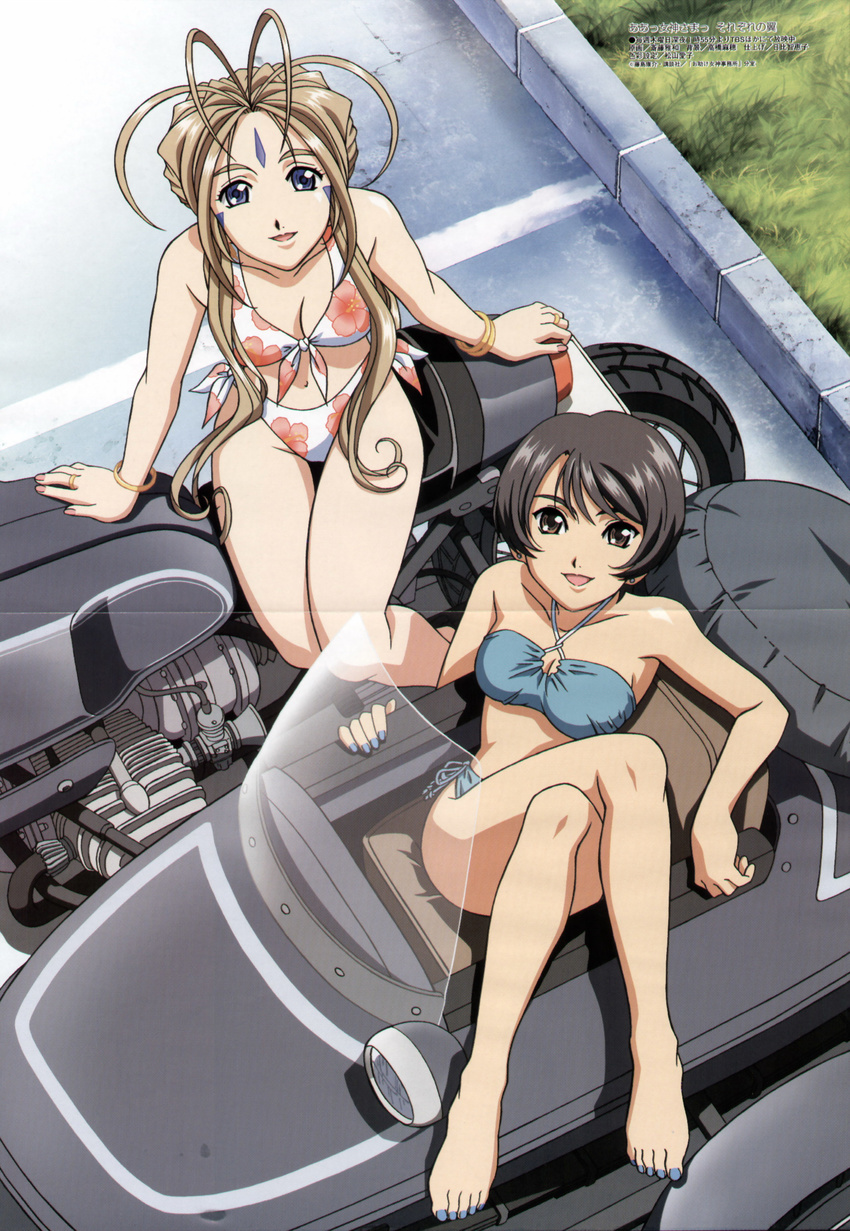 2girls absurdres belldandy bikini crease fold_mark fujimi_chihiro goddess happy highres long_hair looking_at_viewer motorcycle multiple_girls oh_my_goddess! outdoors short_hair side-tie_bikini sidecar smile swimsuit