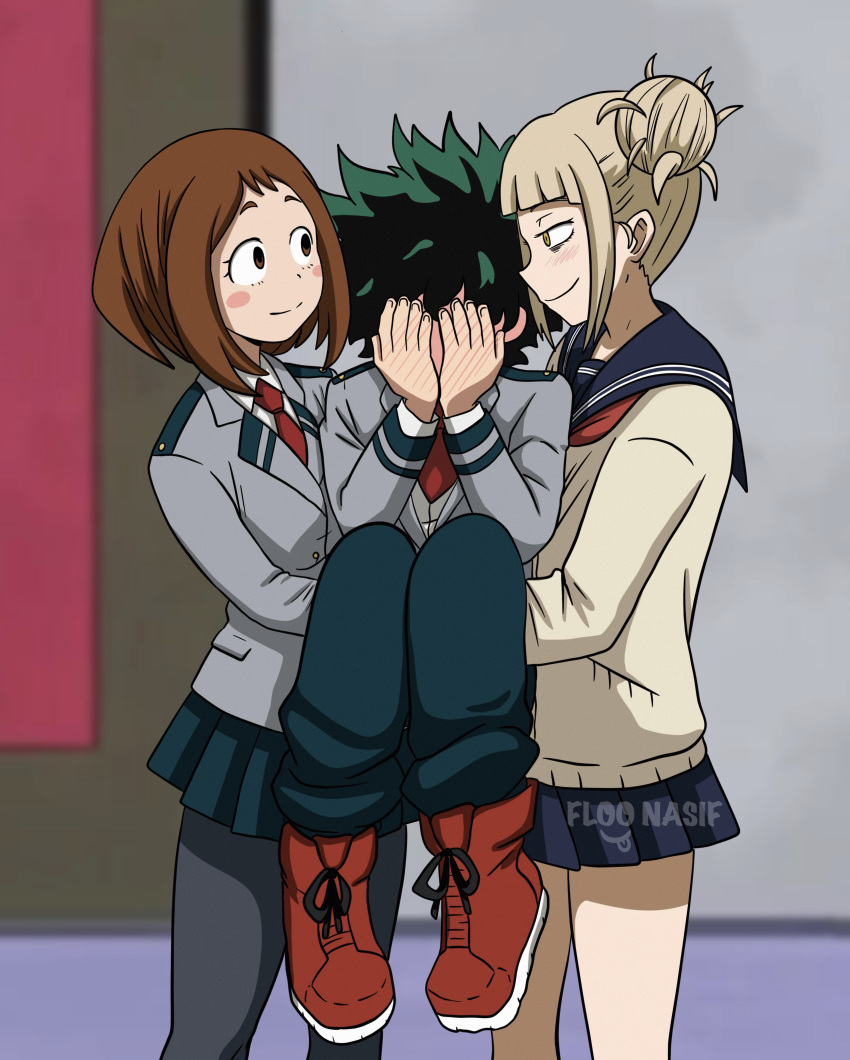 1boy 2girls 2girls1boy afraid anime_style bisexual blush boyfriend-girlfriend deku female fighting fighting_over_boy floonasif himiko_toga hug izuku_midoriya love male my_hero_academia ochako_uraraka ot3 romantic scared threesome wholesome