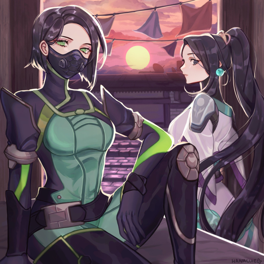 2girls absurdres animification belt black_belt black_gloves bodysuit breasts cloud earrings english_commentary gloves green_bodysuit green_eyes grey_robe hair_behind_ear hanacues head_tilt highres jewelry long_hair looking_at_viewer mask medium_breasts mouth_mask multiple_girls parted_bangs ponytail robe sage_(valorant) short_hair sitting sky sunset valorant very_long_hair viper_(valorant)