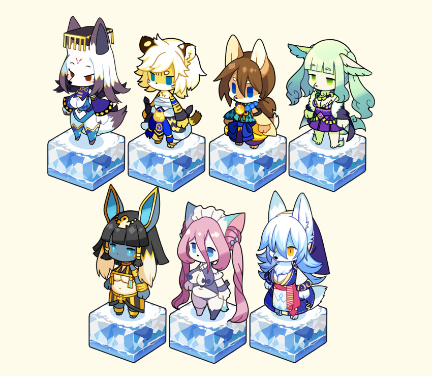 6+girls animal_ears animal_nose apophis_(fullbokko_heroes) asena_(fullbokko_heroes) asymmetrical_legwear beige_background black_hair blonde_hair blue_eyes blue_fur blue_hair blush_stickers body_fur breasts bright_pupils brown_eyes brown_fur brown_hair cleavage commentary_request daji_(fullbokko_heroes) detached_sleeves failinis_(fullbokko_heroes) fullbokko_heroes furry furry_female green_eyes green_fur green_hair highres inuzuka_shino_(fullbokko_heroes) kishibe large_breasts long_hair medium_hair multiple_girls navel pink_hair plump sarashi simple_background snout snow_lion_(fullbokko_heroes) standing striped_fur tiger_ears tiger_girl two-tone_fur uneven_legwear white_fur white_hair white_pupils yellow_eyes yellow_fur zhang_fei_(fullbokko_heroes)