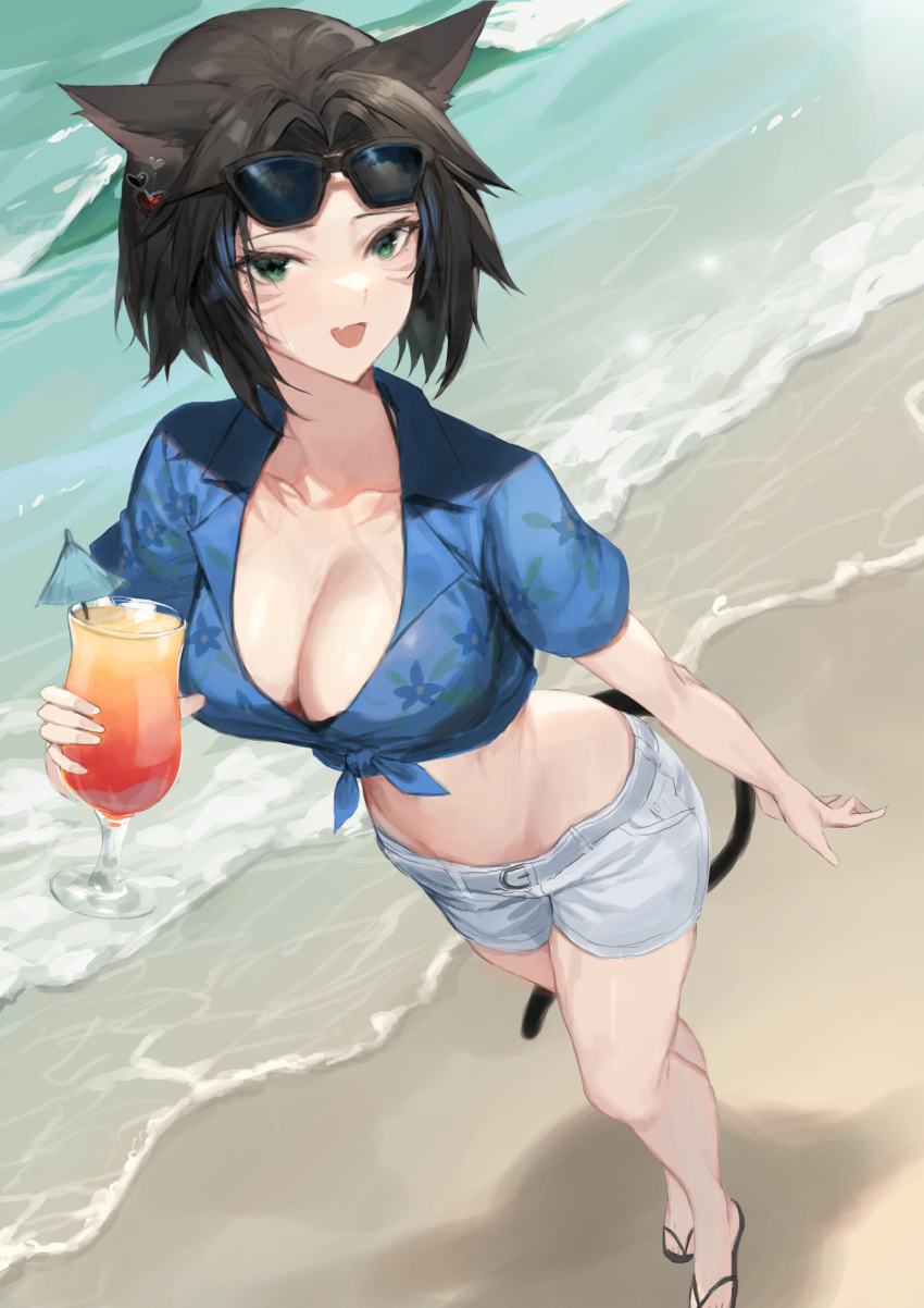 :d absurdres animal_ears beach bikini bikini_under_clothes black_hair blue_shirt breasts cat_ears cat_girl cat_tail cleavage commission crop_top cup drinking_glass earrings eyewear_on_head facial_mark female final_fantasy final_fantasy_xiv front-tie_top green_eyes grey_shorts halterneck highres holding hurricane_glass jewelry large_breasts looking_at_viewer midriff miqo'te molyb navel open_mouth outdoors revision sand shirt short_hair short_shorts short_sleeves shorts slippers smile solo standing stomach string_bikini sunglasses swimsuit tail thighs tropical_drink v-shaped_eyebrows warrior_of_light_(ff14) water wet whisker_markings