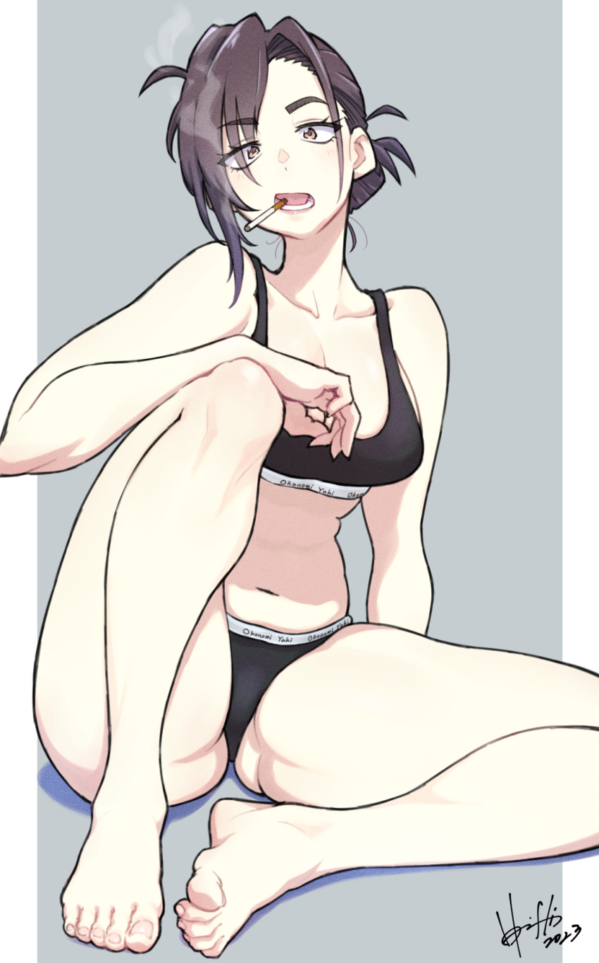 asymmetrical_hair barefoot black_hair black_panties black_sports_bra breasts brown_eyes cigarette cleavage collarbone commission dagashi_kashi dated eyelashes feet female full_body grey_background hair_over_one_eye highres hori_shin knees_up large_breasts legs looking_at_viewer lower_teeth_only medium_hair mouth_hold navel on_ground open_mouth panties parted_bangs shadow sidelocks signature sitting smoke smoking solo sports_bra tamai_tamako teeth thick_thighs thighs toenails toes two-tone_background underwear