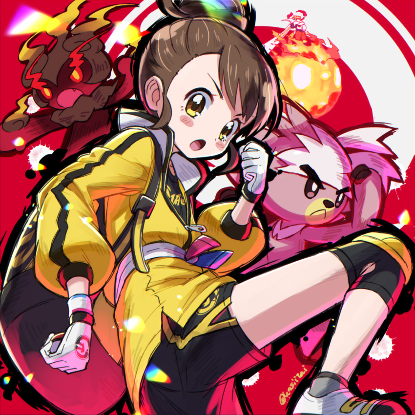 :o alternate_hairstyle backpack bag black_shorts blush_stickers brown_hair cinderace clenched_hand commentary_request female fighting_stance fire gigantamax gigantamax_cinderace gloria_(pokemon) gloves hair_bun holding holding_poke_ball jacket kingin knee_pads kubfu long_sleeves marshadow marshadow_(zenith) master_dojo_uniform open_mouth poke_ball poke_ball_(basic) pokemon pokemon_(creature) pokemon_swsh puffy_long_sleeves puffy_sleeves serious shoes shorts single_hair_bun sneakers sportswear twitter_username white_gloves yellow_eyes yellow_jacket