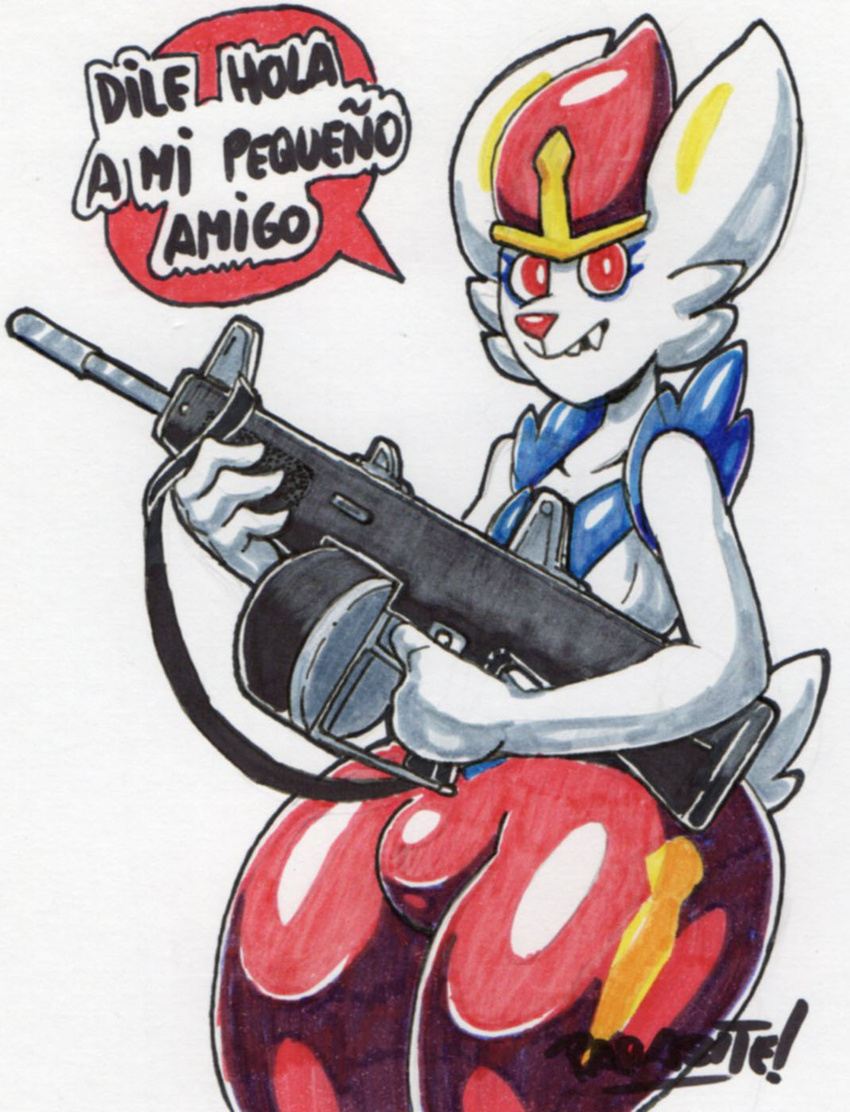 2021 anthro bottomwear bulge cinderace clothing dialogue femboy fur generation_8_pokemon gesture gun hair hi_res looking_at_viewer male nintendo pants parasitedeath pokemon pokemon_(species) ranged_weapon red_eyes red_hair red_nose shotgun simple_background solo spanish_text speech_bubble talking_to_viewer text thick_thighs traditional_media_(artwork) translated weapon white_background white_body white_fur wide_hips