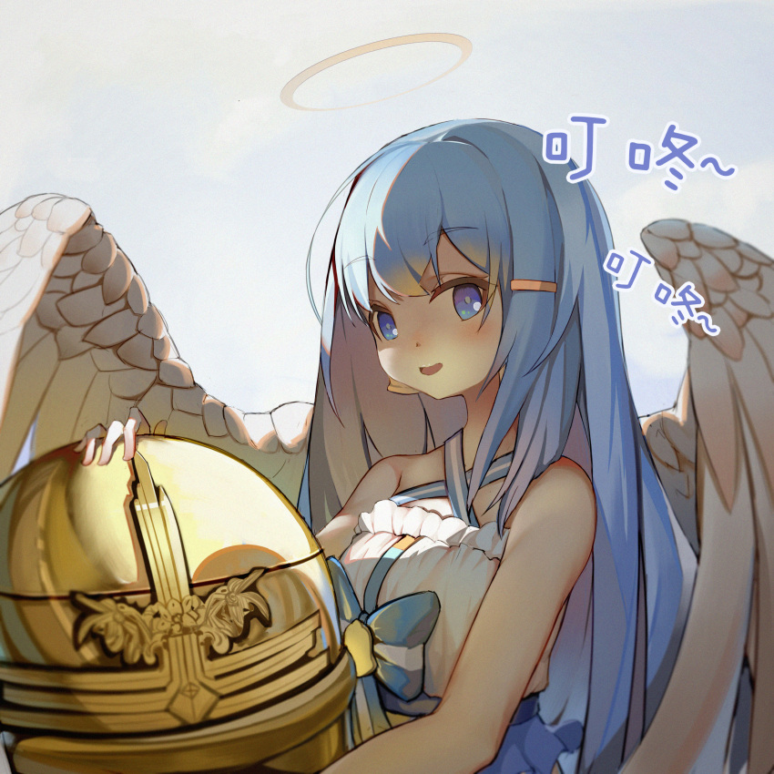 absurdres angel_wings bell bell_earrings bellringer_angel blue_bow blue_eyes blue_hair bow dress earrings feathered_wings female hair_ornament hairclip halo halterneck highres jewelry long_hair outdoors shadowverse solo tomori-san_(pixiv_7519735) upper_body white_wings wings