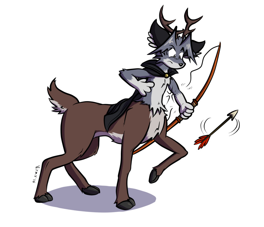 2016 absurd_res alpha_channel antlers arrow_(weapon) black_cape black_clothing bow_(weapon) canid canine cape clothing countershading deer deer_taur fox frown fur green_body green_fur grey_body grey_countershading grey_fox grey_fur hi_res holding_bow_(weapon) holding_object holding_ranged_weapon holding_weapon hooves horn looking_down male mammal mammal_taur raised_hoof ranged_weapon simple_background solo taur transparent_background urocyon virmir virmir_(character) weapon