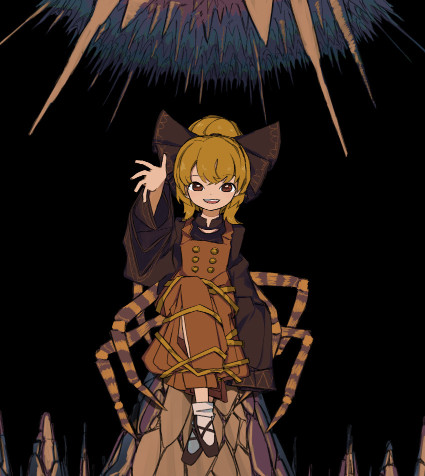 absurdres arthropod_limbs black_background blonde_hair bobby_socks bow brown_bow brown_dress brown_eyes brown_footwear brown_shirt buttons commentary crossed_legs dress female full_body hair_bun hairbow hand_up highres kurodani_yamame layered_sleeves legs_together long_sleeves looking_at_viewer medium_hair neruzou open_mouth pleated_dress reaching reaching_towards_viewer ribbon shirt shoes single_hair_bun sitting sleeves_past_fingers sleeves_past_wrists smile socks solo stalactite stalagmite straight_hair sunken_fossil_world touhou white_socks wide_sleeves yellow_ribbon